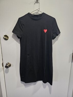 Black Crewneck T-Shirt Dress with Red Heart Accent